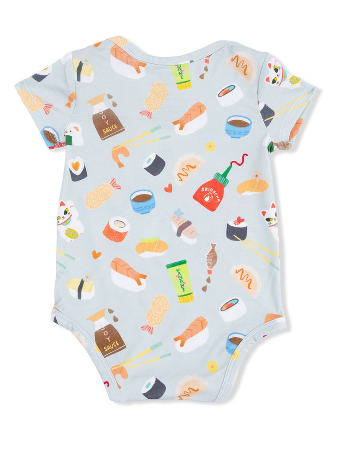 Baby onesie featuring a playful sushi print in various colors, ideal for food-loving infants.