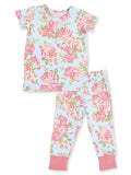 Floral children's pajama set featuring a short-sleeve top and matching pants in pastel blue, pink, and green colors.