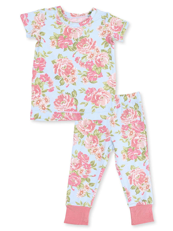 Floral children's pajama set featuring a short-sleeve top and matching pants in pastel blue, pink, and green colors.