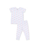 Light blue and white striped pajama set with floral patterns, featuring a short-sleeve top and long pants.