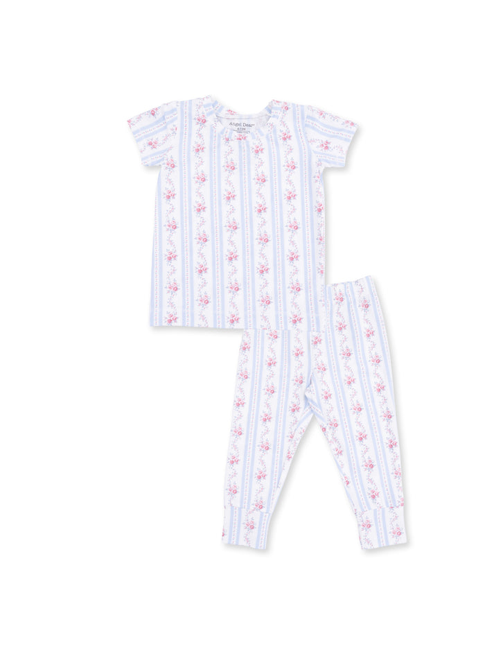 Light blue and white striped pajama set with floral patterns, featuring a short-sleeve top and long pants.