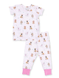 Kids' pajama set featuring a playful dog print on a white background with pink accents.