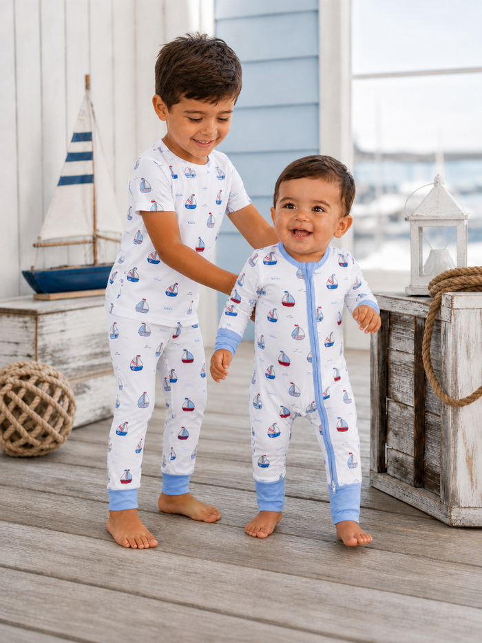 Two happy children in nautical-themed pajamas stand on a wooden deck near a sailboat and lantern.