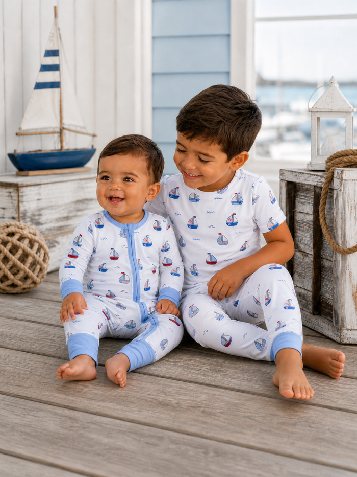 Two children in matching sailboat-patterned pajamas sit on a wooden deck, smiling with a boat in the background.