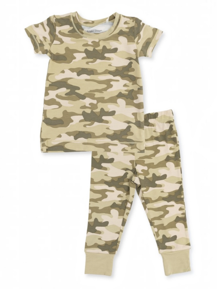 Camo pajama set with short-sleeve shirt and pants in neutral colors. Perfect for stylish and cozy sleepwear.