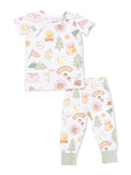 Kids' pajama set featuring camping-themed designs, including trees, lanterns, and playful slogans.