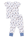 Child's pajama set featuring a white fabric with colorful cowboy boots patterns on a short-sleeve top and pants.