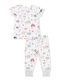 Children's farm-themed pajama set featuring animals, fruits, and gardening tools in a playful print.