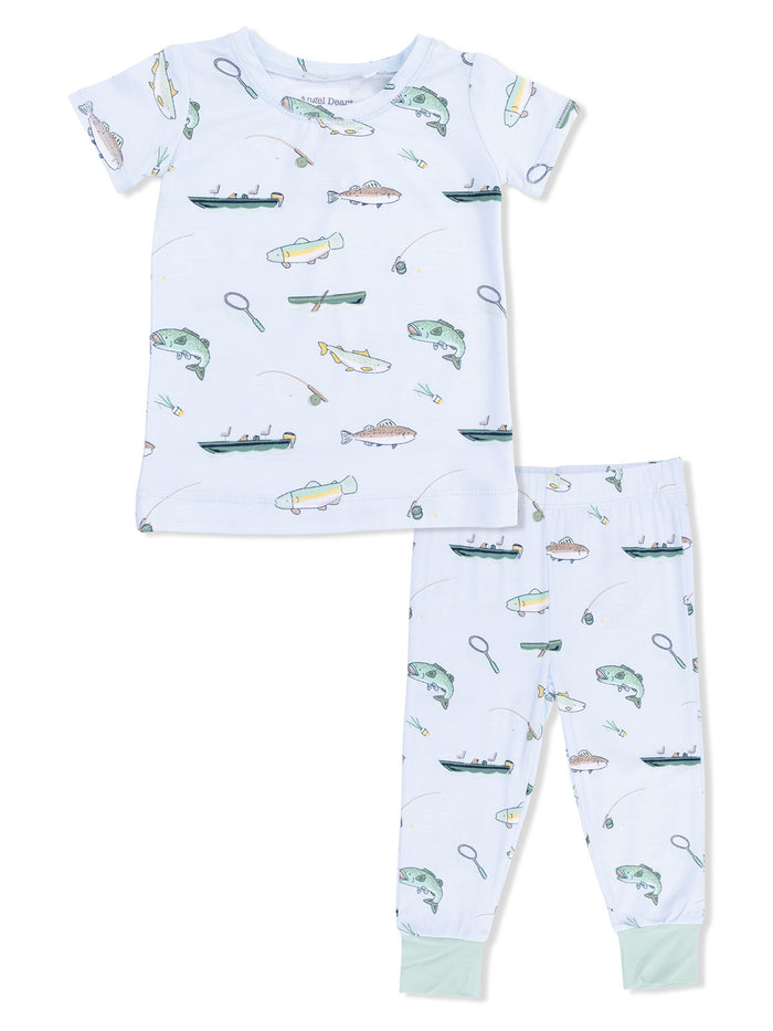 Children's pajama set featuring fish and fishing gear patterns on a light blue background.