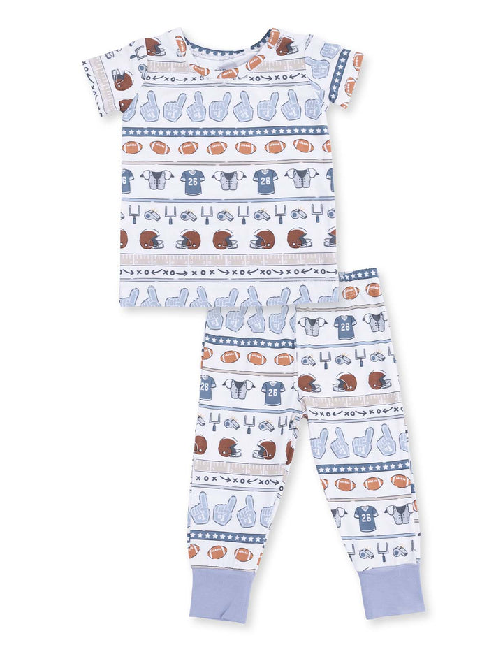 Boys' football-themed pajama set featuring playful designs and a comfortable fit.