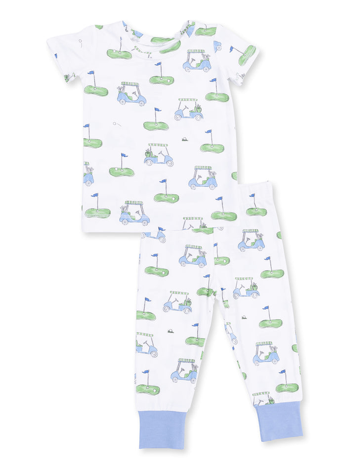 Children's golf-patterned pajama set featuring a short-sleeve top and matching pants.