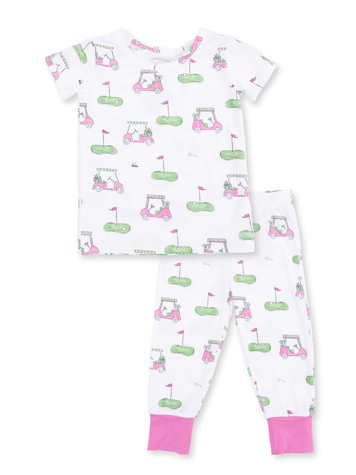 Kids' golf-themed pajamas featuring golf carts and greens in pink and green colors. Comfortable for sleepwear.