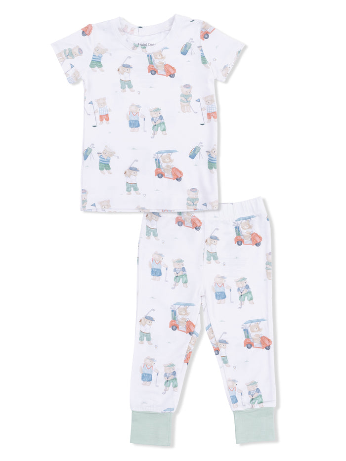 Kids' golf-themed pajama set featuring bear illustrations on a white background. Short sleeve top and long pants.