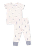 Light beige children’s pajama set with grey lightning bolt pattern on shirt and pants.