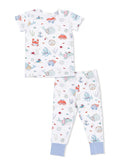 Children's pajama set featuring playful marine animal designs in soft colors, including crabs, whales, and octopuses.