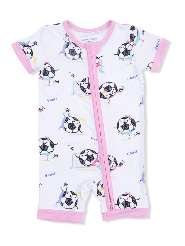 Children's romper with soccer pattern, featuring playful characters, pink trim, and front zipper. Ideal for active toddlers.