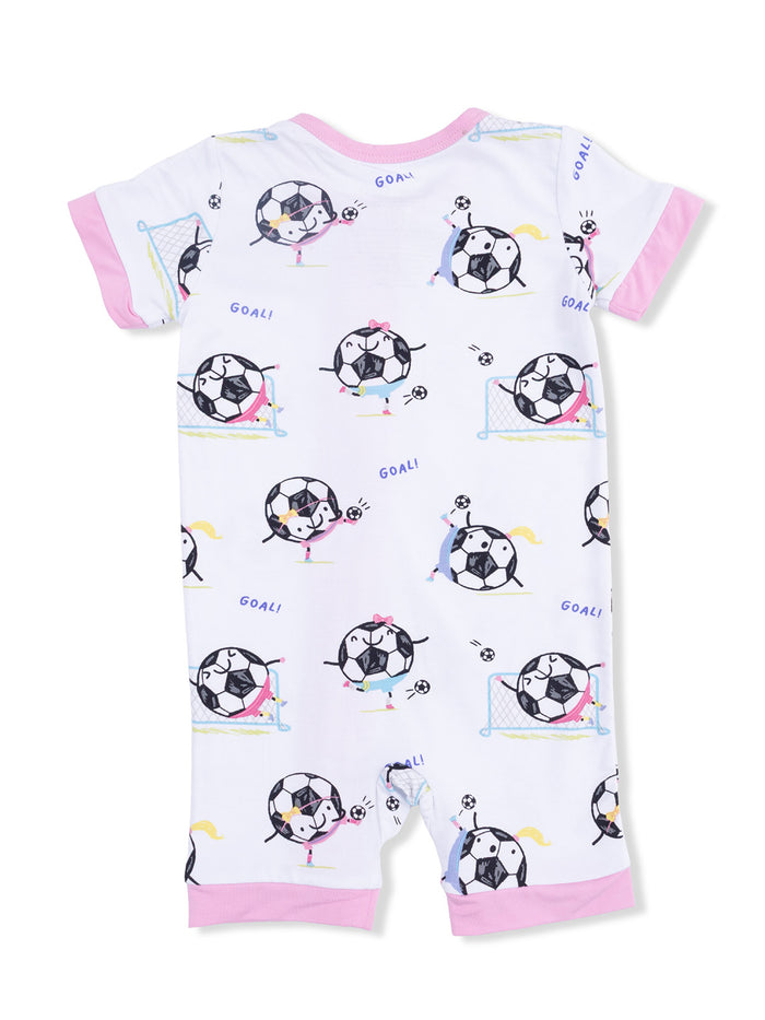 Kids' short-sleeve onesie with playful soccer ball and goal print, featuring pink trim and fun cartoon characters.