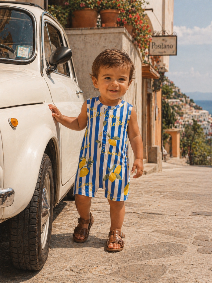 Toddler in a lemon-patterned romper smiles beside a vintage white car in a picturesque street.