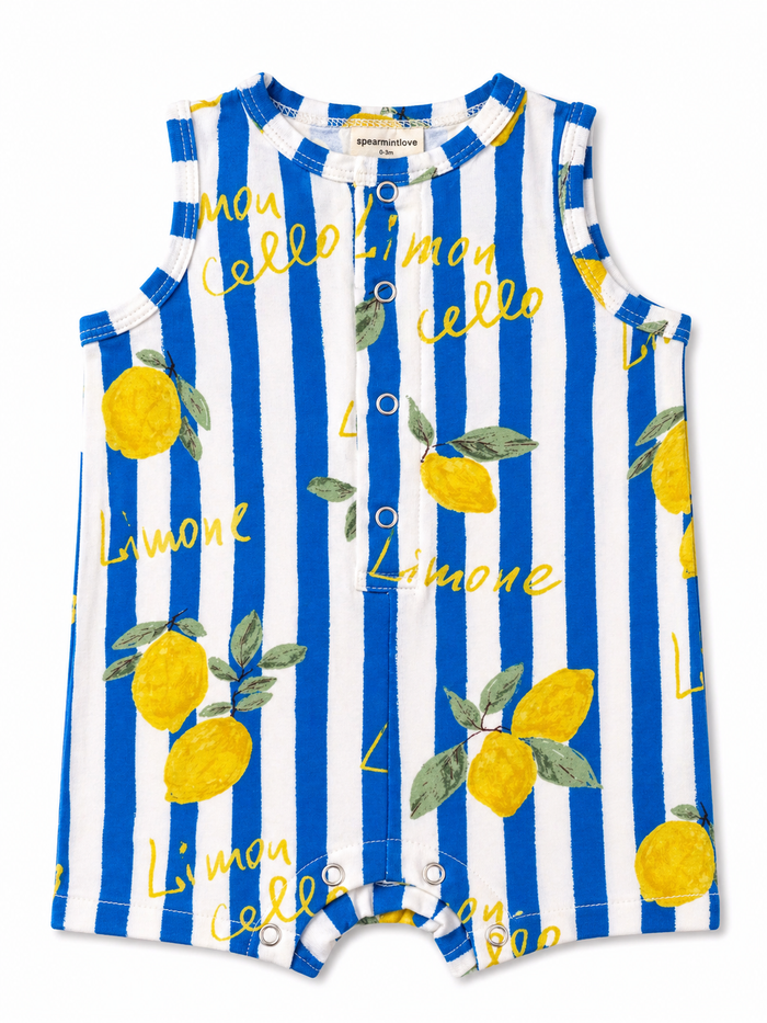 Child's sleeveless romper with blue and white stripes, lemon print, and "Limone" text. Casual summer wear.