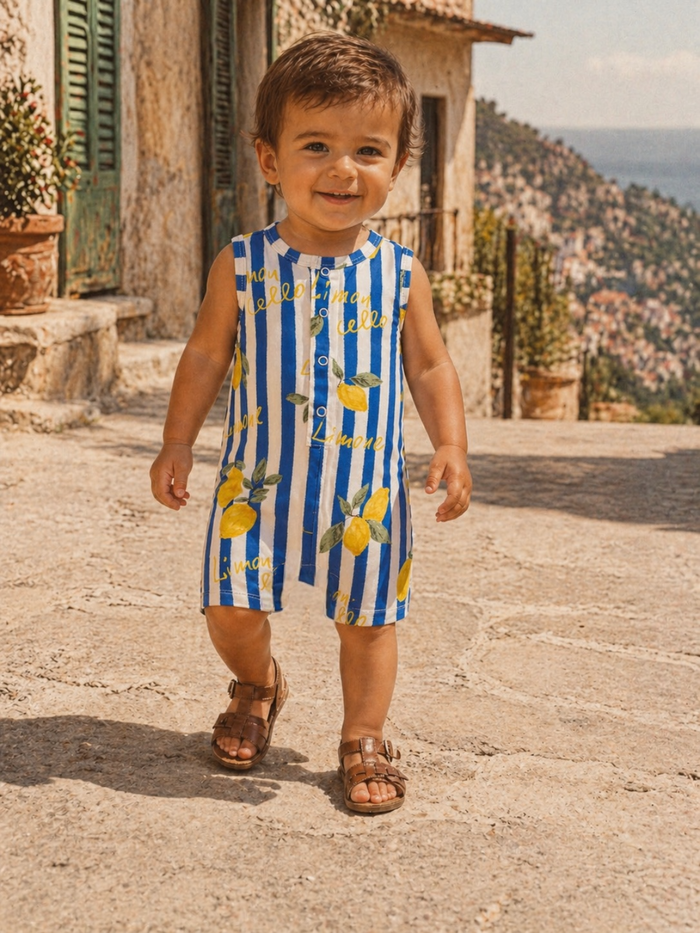 Smiling toddler in a striped lemon patterned outfit walks on a sunlit cobblestone path.