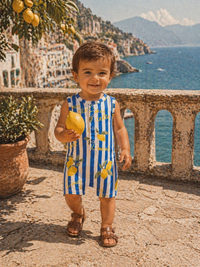 Smiling child in a lemon-print outfit holds a lemon, with a scenic coastal background.