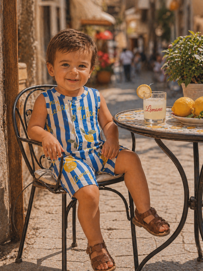 Smiling young child in striped outfit seated at an outdoor café table with lemonade and lemons.