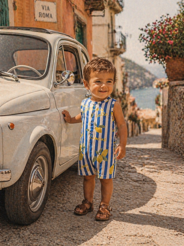 Smiling child in a striped lemon-patterned outfit stands by a vintage car on a picturesque cobblestone street.