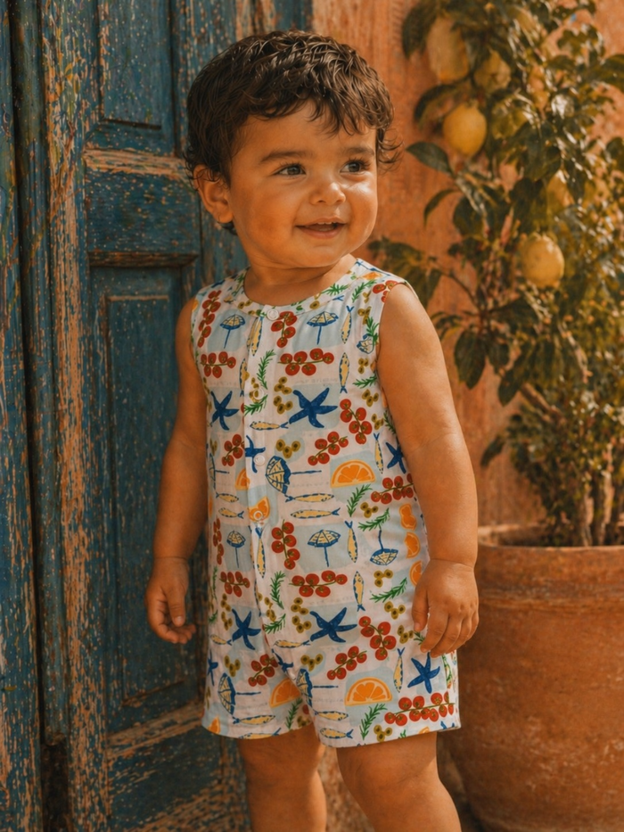 Smiling child in colorful onesie with beach-themed patterns, standing beside a blue door and a lemon tree.