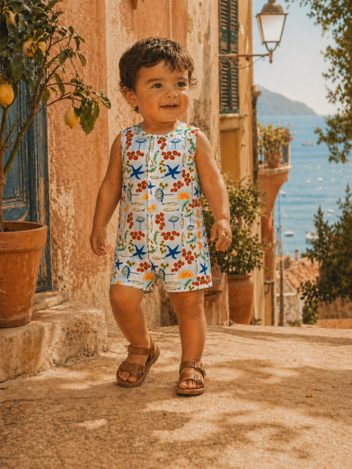Child in colorful romper smiles while walking down a sunlit, cobblestone street by the sea.