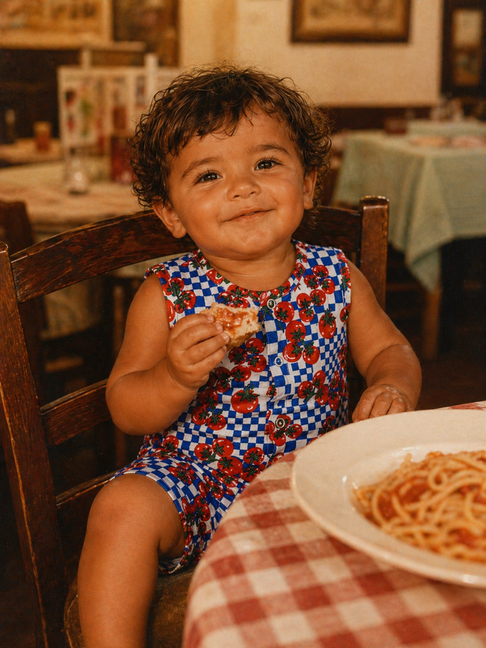 Smiling child in vibrant outfit enjoys pizza at a restaurant table with pasta nearby.