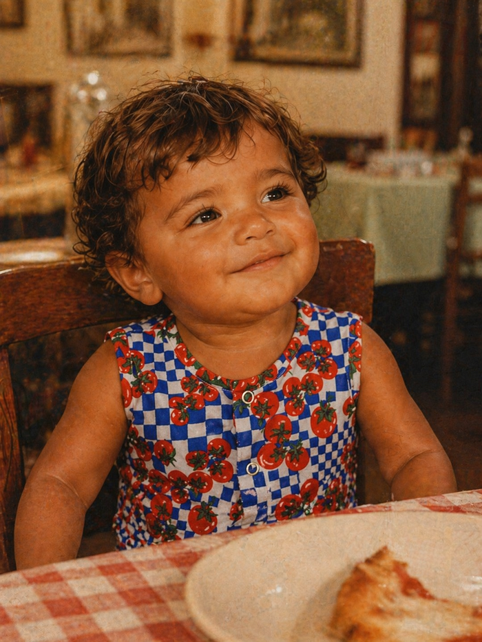 Smiling child with curly hair in a colorful tomato-patterned outfit, sitting at a table with pizza.