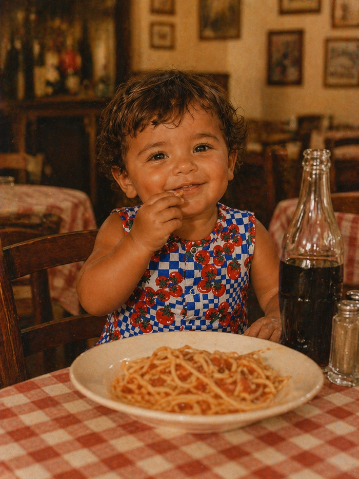 Smiling child in a colorful dress enjoying spaghetti at a cozy restaurant table with checkered tablecloth.