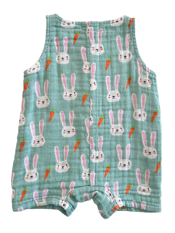 A light green, sleeveless romper with a bunny and carrot pattern. Ideal for infants and toddlers.