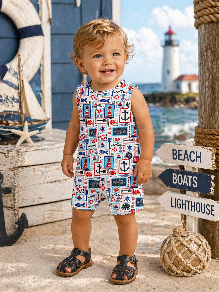 Smiling toddler in a nautical-themed outfit near a lighthouse and beach decor, enjoying a sunny day.