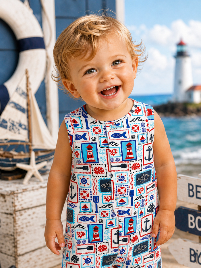 Smiling child wearing a vibrant nautical-patterned outfit, with a lighthouse and ocean backdrop.