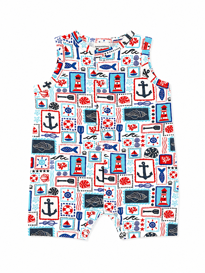 Sleeveless baby romper featuring a colorful nautical print with anchors, lighthouses, and sea life motifs.