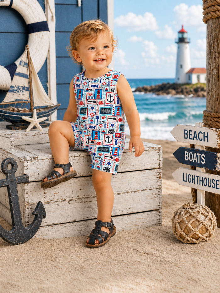 Smiling toddler in nautical-themed outfit, sitting on a wooden box by the beach with a lighthouse in the background.