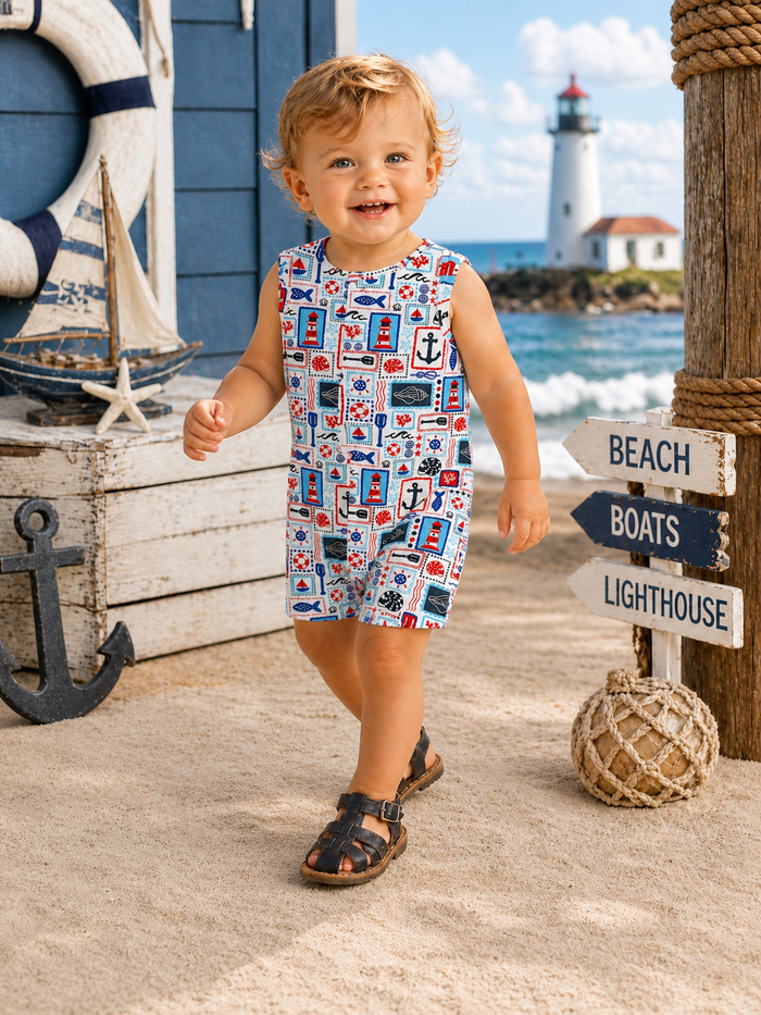 Smiling toddler in a colorful nautical outfit at the beach, with a lighthouse and signposts in the background.