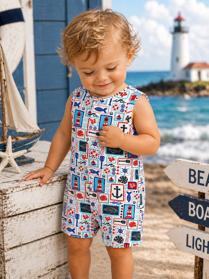 Toddler in a nautical print outfit smiles near a lighthouse by the beach, with signs for "BEACH," "BOAT," and "LIGHT."