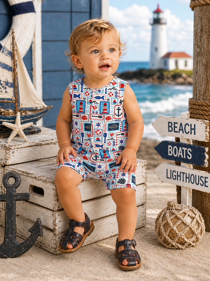 Smiling toddler in nautical-themed outfit sits by a lighthouse, surrounded by beach-themed decor and wooden crates.
