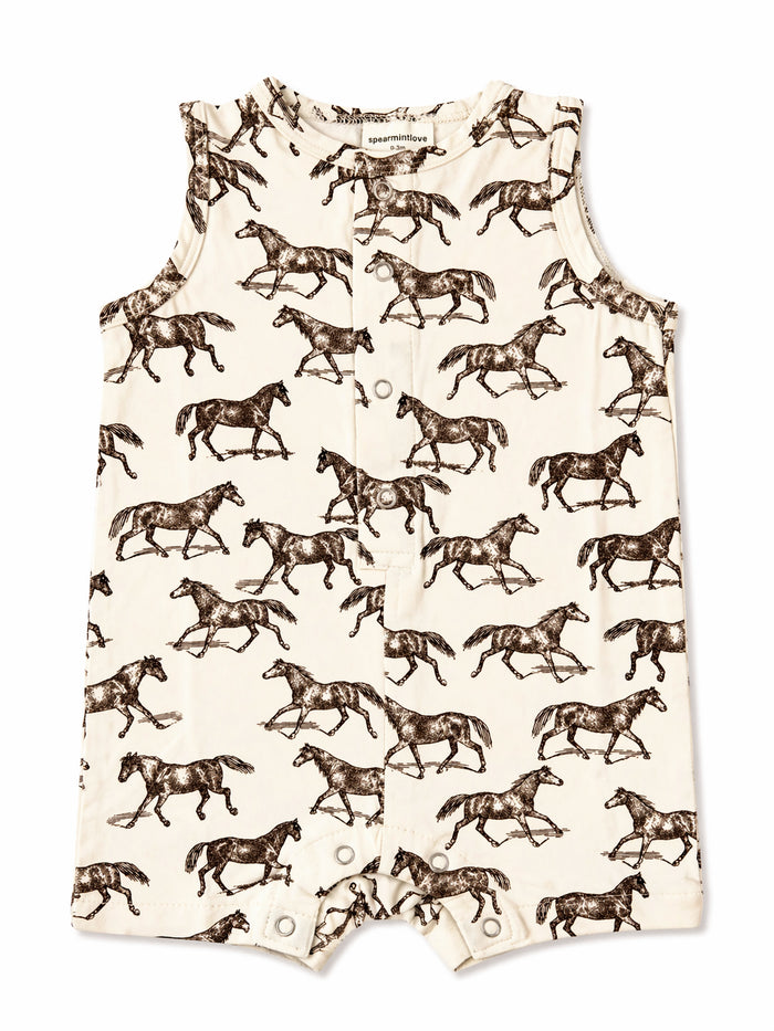 Boy's sleeveless romper with a horse print design in brown on a cream background. Ideal for warm weather.