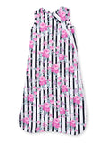Floral sleeveless dress with pink roses and black-striped background. Ideal for casual summer wear.