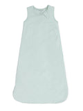 Light green baby sleep sack with sleeveless design and zipper closure. Soft material for comfort.