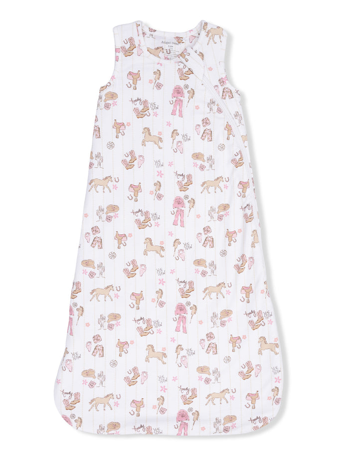 Children's sleep sack with a whimsical animal print, including horses, and a soft, lightweight design.