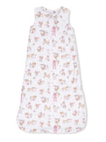 Children's sleep sack with a whimsical animal print, including horses, and a soft, lightweight design.