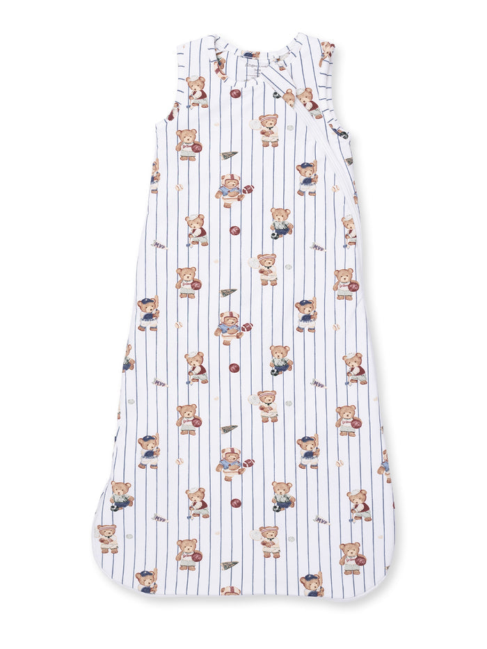 Children's sleep sack featuring playful teddy bears and a striped design, ideal for cozy bedtime.