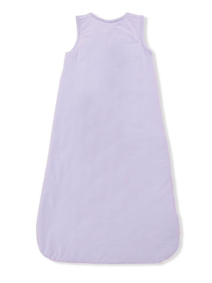 Light purple sleeveless baby sleeping bag, soft fabric, suitable for cozy sleep and safety. Back view displayed.