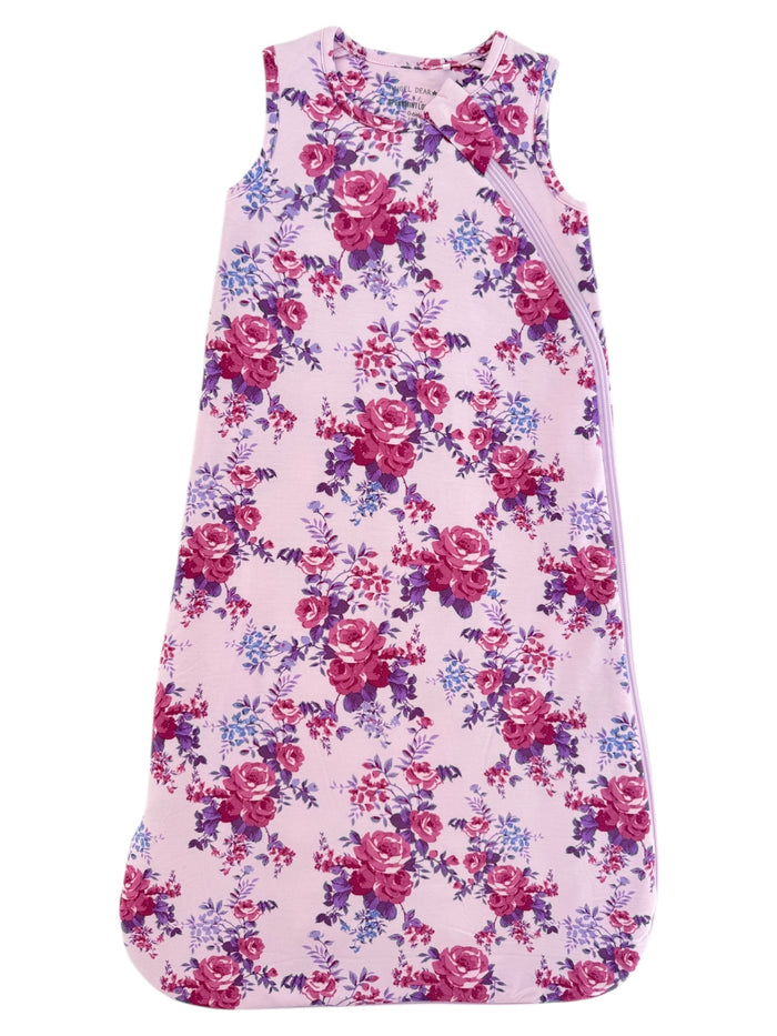 Floral baby sleep sack in pink, featuring a zipper on the side for easy dressing and a soft, comfortable design.
