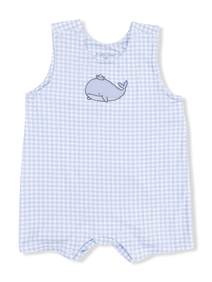 Light blue gingham baby romper featuring a whale embroidery on the front. Suitable for infants up to 36 months.