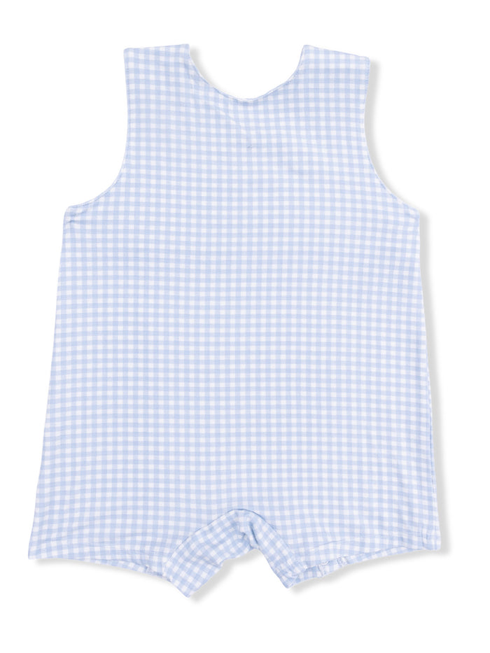 Light blue gingham sleeveless romper with a round neckline and shorts style, ideal for warm weather.